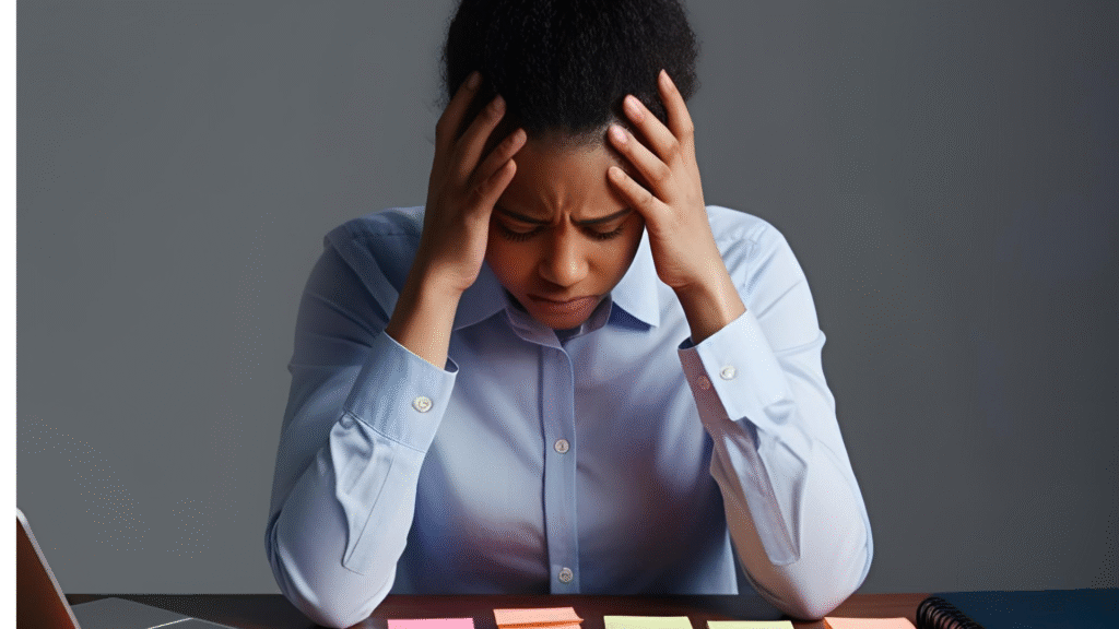 Frustrated mental health professional sitting at desk with hands on head, surrounded by colorful sticky notes, symbolizing practice management overwhelm and burnout.